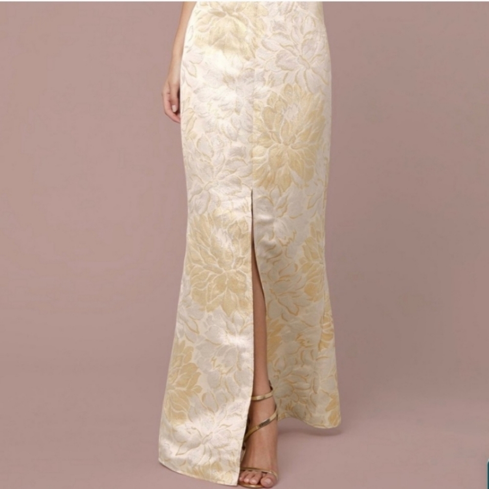 Bebe Plunge Neck Mermaid Metallic Floral Adjustable Strap Jacquard  Gown Size 2 - Picture 5 of 7